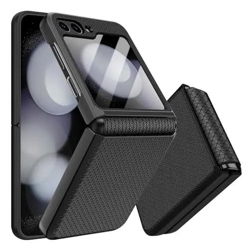 Produktbild: Giyer Handyhülle für Samsung Galaxy Z Flip 6 Hülle mit Displayschutzfolie Scharnierschutz, Rutschfester Textur Hard PC Rugged Stoßfest Schutzhülle für Samsung Z Flip 6 5G Flip Case Cover (Schwarz)