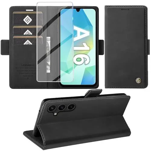 Produktbild: Giyer für Samsung Galaxy A16 5G Hülle mit Schutzfolie, Handyhülle Galaxy A16 4G/5G PU Leder Wallet Flip Case, Schutzhülle für Samsung A16 5G Klapphülle Tasche mit Kartenfach Standfunktion (Schwarz)