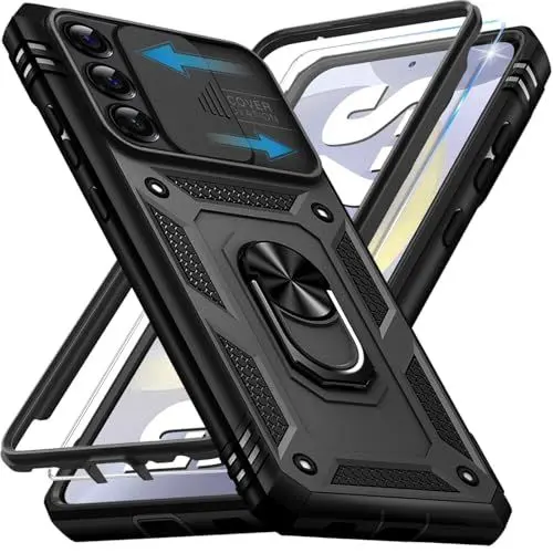 Produktbild: Giyer Panzerhülle für Samsung Galaxy S24 Hülle mit Schutzfolie, Handyhülle S24 5G Tache mit Kameraschutz 360° Metall Ring Ständer Stoßfest Bumper Schutzhülle Samsung S24 Case Cover (Schwarz)