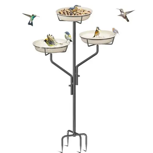 Produktbild: Giyiprpi Vogeltränke Vogelbad Vogelbecken Wassertränke Tränke Stecker Eisen, Metall Vogelbad für Wassertränke Mit 3 Vogelskulpturen, Vogelbad Futterstelle für das Blumenbeet oder (Weiß)