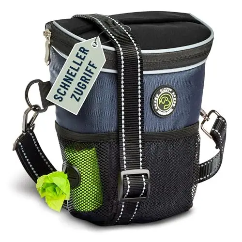 Produktbild: GIZZY® DAS ORIGINAL | Leckerlitasche für Hunde + REGENHAUBE | Leckerlibeutel für Hunde mit praktischer Einhand-Öffnung | Hunde Leckerlitasche für Training & Welpenerziehung | Gassi Tasche Hund (Blau)