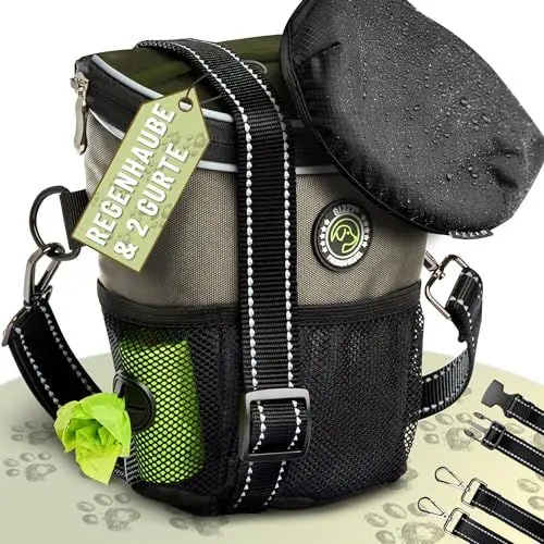 Produktbild: GIZZY® DAS ORIGINAL | Leckerlitasche für Hunde + REGENHAUBE | Leckerlibeutel für Hunde mit praktischer Einhand-Öffnung | Hunde Leckerlitasche für Training & Welpenerziehung | Gassi Tasche Hund (Beige)