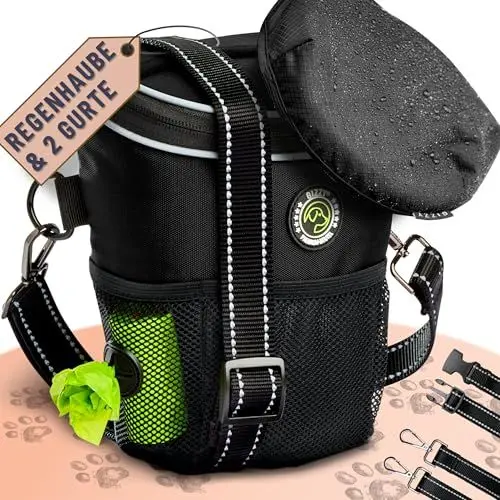 Produktbild: GIZZY® DAS ORIGINAL | Leckerlitasche für Hunde + REGENHAUBE | Leckerlibeutel für Hunde mit praktischer Einhand-Öffnung | Hunde Leckerlitasche für Training & Welpenerziehung | Gassi Tasche Hund (Schw.)