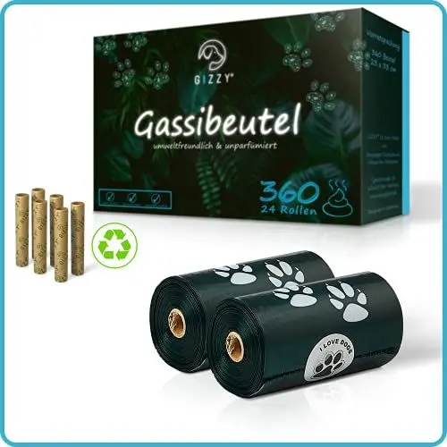 Produktbild: GIZZY® 360x Hundekotbeutel I 24x Rollen Kotbeutel für Hunde I Hundekotbeutel biologisch abbaubar für mehr Nachhaltigkeit I Auslaufsichere Kackbeutel für Hunde I Ohne Duft I Dog Poop Bags