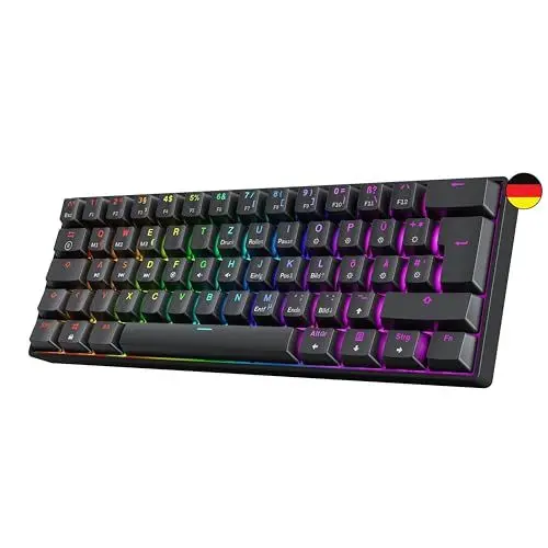 Produktbild: GK61 Hot-Swap Mechanische Gaming-Tastatur - 62 Tasten Mehrfarbige RGB-LED-Hintergrundbeleuchtung für PC-/Mac-Spieler - ISO Deutsches Layout (Gateron Optical Black, Schwarz)