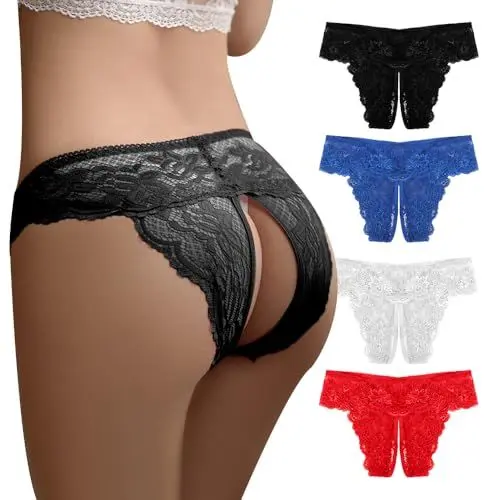 Produktbild: GKLWEJ 4 Stück Erotische Damen-Höschen, Unterhose Damen im Schritt Offen, Spitze String Tanga Damen, Slip Ouvert Damen, Desusse Für Frauen, Reizwäsche Für Sex Damen (4 Farben)