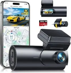 Produktbild: GKU 4K Dashcam Auto Vorne Hinten, 5GHz WiFi GPS, Dual Dash Cam, 1.5” IPS Mini Auto Kamera mit 64GB SD Karte, Parküberwachung, Super Nachtsicht, WDR, 170° Weitwinkel, G-Sensor, APP Steuerung, Max 256GB