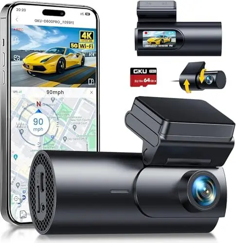 Produktbild: GKU 4K Dashcam Auto Vorne Hinten, 5GHz WiFi GPS, Dual Dash Cam, 1.5” IPS Mini Auto Kamera mit 64GB SD Karte, Parküberwachung, Super Nachtsicht, WDR, 170° Weitwinkel, G-Sensor, APP Steuerung, Max 256GB