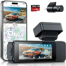 Produktbild: GKU Dashcam Auto Vorne Hinten, 4K/2,5K mit Touchscreen 3,18 Zoll, GPS 5G Wi-Fi Dash Cam, Dual Auto Kamera,64GB SD Karte,Parküberwachung,WDR,170° Weitwinkel,G-Sensor,Loop-Aufnahme,Max 256GB