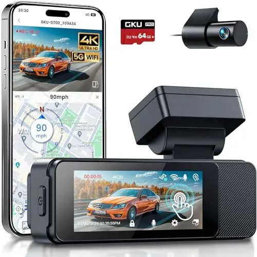 Produktbild: GKU Dashcam Auto Vorne Hinten, 4K/2,5K mit Touchscreen 3,18 Zoll, GPS 5G Wi-Fi Dash Cam, Dual Auto Kamera,64GB SD Karte,Parküberwachung,WDR,170° Weitwinkel,G-Sensor,Loop-Aufnahme,Max 256GB