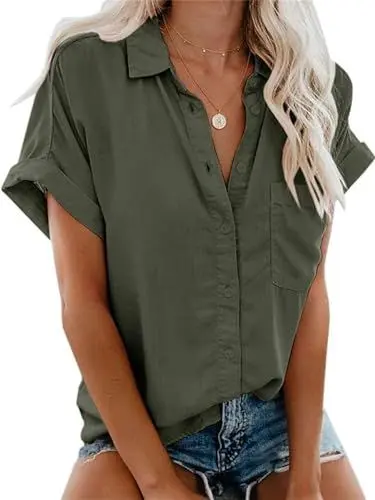 Produktbild: Glacspyg Bluse Damen Elegant Casual Arbeit Hemdbluse 100% Baumwolle Damenblusen Sommer Kurz Hemd Oberteile Bluse Grün 2XL