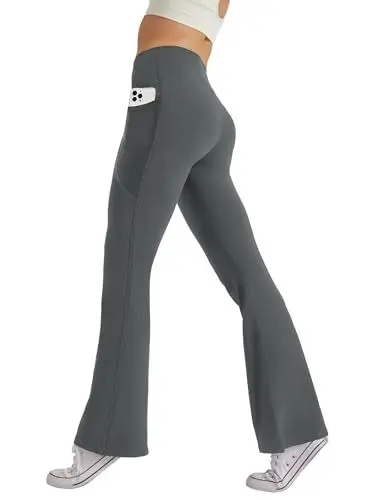Produktbild: Glacspyg Damen Hose mit Taschen Yogahose Freizeit Jogginghose High Waist Sporthose Elastische Weite Bootcut Jazzpants Dunkelgrau XL