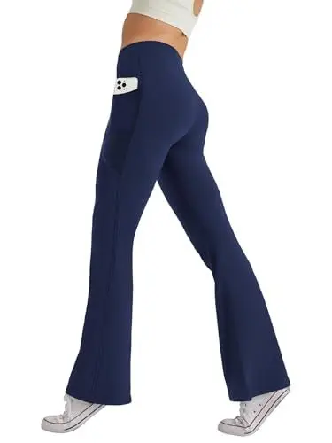 Produktbild: Glacspyg Damen Hose mit Taschen Yogahose Freizeit Jogginghose High Waist Sporthose Elastische Weite Bootcut Jazzpants Marineblau L