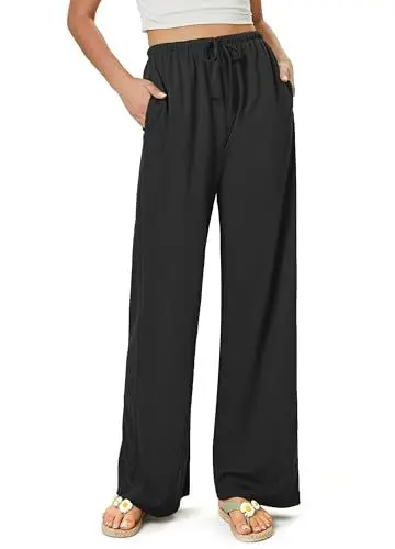 Produktbild: Glacspyg Damen Hosen Flowy Wide Leg Freizeithose Casual Beach Strandhose High Waisted Kordelzug Palazzo Hosen mit Taschen Schwarz 2XL