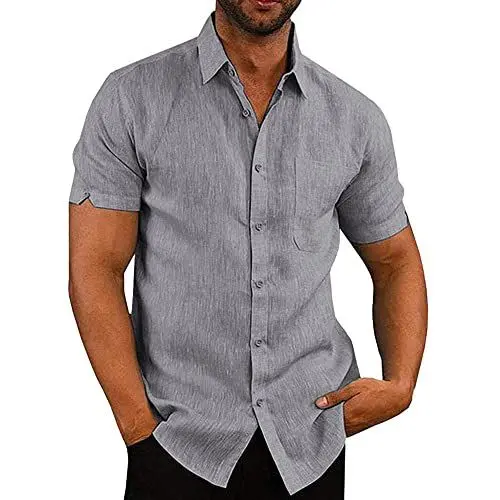 Produktbild: Glacspyg Leinenhemd Herren Kurzarm Leinenhemd Arbeit Freizeithemd Fit Business Casual Urlaub Sommer Strand Hemd Grau L