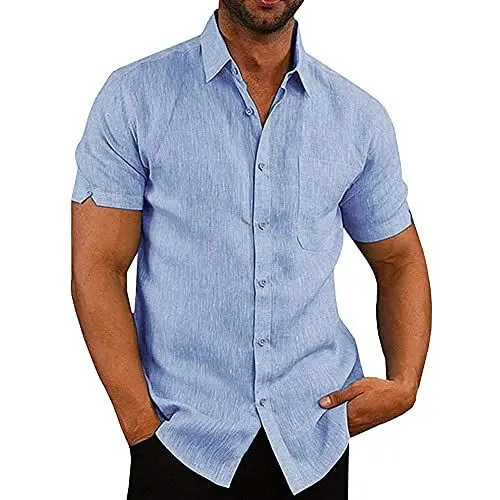 Produktbild: Glacspyg Leinenhemd Herren Kurzarm Leinenhemd Arbeit Freizeithemd Fit Business Casual Urlaub Sommer Strand Hemd Himmelblau XL