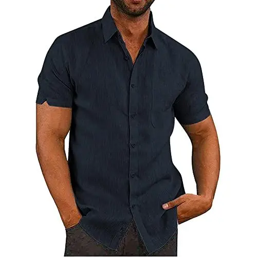 Produktbild: Glacspyg Leinenhemd Herren Kurzarm Leinenhemd Arbeit Freizeithemd Fit Business Casual Urlaub Sommer Strand Hemd Marineblau 2XL