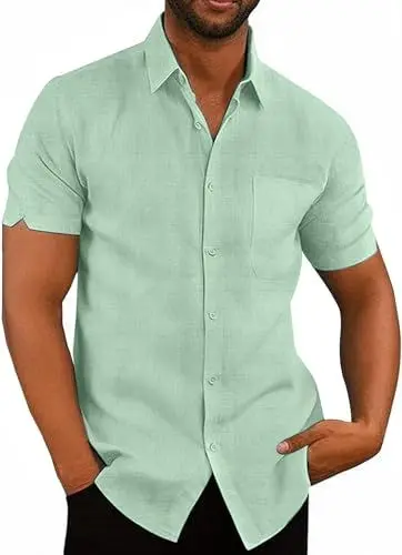 Produktbild: Glacspyg Leinenhemd Herren Kurzarm Leinenhemd Arbeit Freizeithemd Fit Business Casual Urlaub Sommer Strand Hemd Mint Grün M