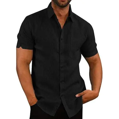 Produktbild: Glacspyg Leinenhemd Herren Kurzarm Leinenhemd Arbeit Freizeithemd Fit Business Casual Urlaub Sommer Strand Hemd Schwarz XL