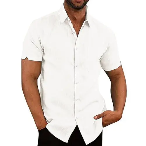 Produktbild: Glacspyg Leinenhemd Herren Kurzarm Leinenhemd Arbeit Freizeithemd Fit Business Casual Urlaub Sommer Strand Hemd Weiß XL