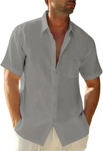 Produktbild: Glacspyg Leinenhemd Herren Kurzarmhemd Arbeit Freizeithemd Fitted Business Casual Urlaub Sommer Strand mit Tasche Grau XL