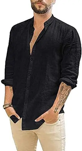 Produktbild: Glacspyg Leinenhemd Herren Langarm Leinenhemd Arbeit Freizeithemd Fit Business Casual Urlaub Schwarz L
