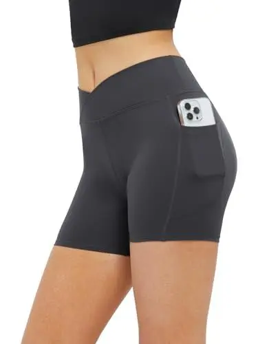 Produktbild: Glacspyg Radlerhose Damen mit Tasche Kurze Sporthose V-Taille High Waist Gym Shorts Kurze Leggings für Yoga Gym Fitness Laufen Dunkelgrau 2XL