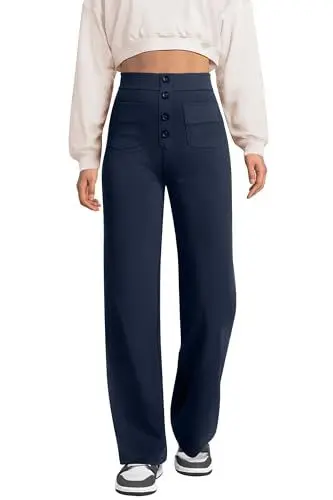 Produktbild: Glacspyg Weite Hose Damen Hohe Taille Sporthose Knopf Gerade Hosen mit Taschen Elastische Freizeithose Marineblau S