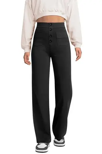 Produktbild: Glacspyg Weite Hose Damen Hohe Taille Sporthose Knopf Gerade Hosen mit Taschen Elastische Freizeithose Schwarz S