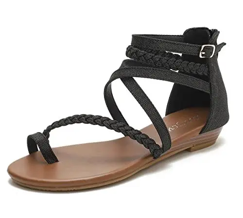 Produktbild: Gladiator-Sandalen für Damen flacher Fischer-Zapfen überkreuzte Riemchensandalen mit Reißverschluss Schwarz 40 EU