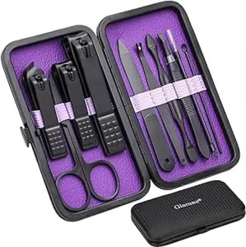 Produktbild: Glamne Maniküre-Set, Nagelknipser-Set, professionelle Edelstahl-Nagelpflege-Werkzeuge mit Leder-Reiseetui, 10-in-1, Violett