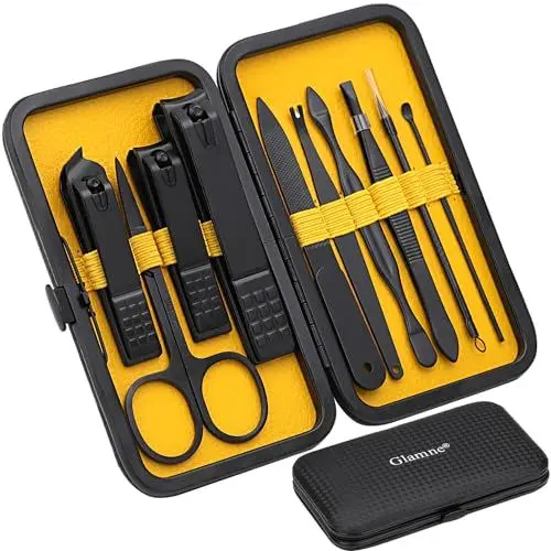 Produktbild: Glamne Maniküre-Set, Nagelknipser-Set, professionelle Edelstahl-Nagelpflege-Werkzeuge mit Leder-Reiseetui, 10-in-1, Gelb