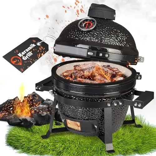 Produktbild: GLAMPmania Keramikgrill Kamado Grill SET - Edelstahlgrillrost Ø25 cm I Campinggrill, BBQ, Holzkohlegrill für Camping Garten Balkon - Jetzt Holen