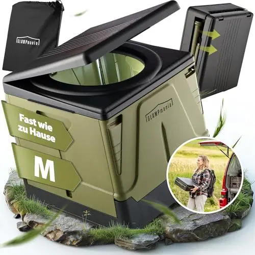 Produktbild: GLAMPmania Campingtoilette ohne Chemie (SEHR STABIL bis 85kg) für Tüten | Platzsparend, Flexibel und Clean | Die Mobile Toilette für Outdoor Camping, Festival, Stau, Zelten | Farbe Wählen (M grün)