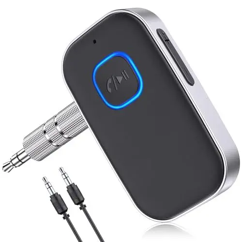 Produktbild: Glangeh Bluetooth Adapter Auto, Upgraded Bluetooth 5.0 Lärmminderung 3,5mm Aux Bluetooth Adapter, 16H Standby Bluetooth Adapter aux für Auto Audio System, Kopfhörer, Speaker, Stereo-Endstufen