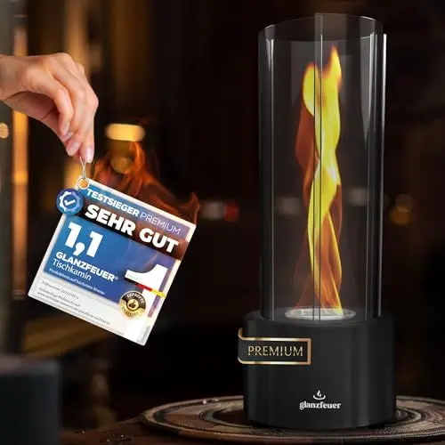 Produktbild: Glanzfeuer Bioethanol Tischkamin Outdoor & Indoor Bioethanol - Extra Lange Brenndauer mit Wirbelflamme - Tischfeuer Deko - Tisch Kamin Feuer Feuersäule - Garten & Deko Geschenk