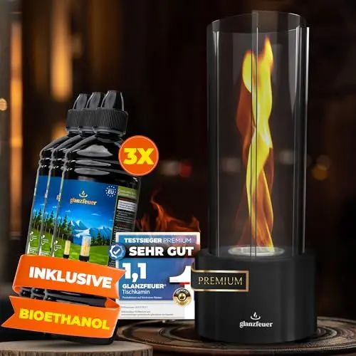 Produktbild: GLANZFEUER® Tischkamin - Premium Bio Ethanol Tischkamin - Tischfeuer Outdoor & Tischfeuer Indoor - Hochwertiger Bioethanol Tischkamin Outdoor für besonderes Ambiente - Tisch Feuer Ethanol Kamin