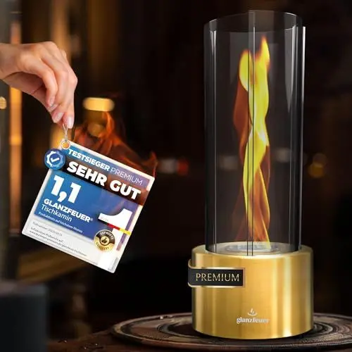 Produktbild: Glanzfeuer Bioethanol Tischkamin Outdoor & Indoor Bioethanol - Extra Lange Brenndauer mit Wirbelflamme - Tischfeuer Deko - Tisch Kamin Feuer Feuersäule - Garten & Deko Geschenk
