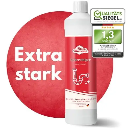 Produktbild: GLANZMOMENTE® Rohrreiniger 1000ml – POWER FORMEL – Rohrfrei Extra Stark – Gegen Haare und Rohrschlamm – Materialschonend – Drain Cleaner – Abflussfrei - Verstopfung Abfluss – Made in Germany
