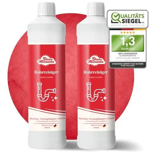 Produktbild: GLANZMOMENTE® Rohrreiniger 2x1000ml – POWER FORMEL – Rohrfrei Extra Stark – Gegen Haare und Rohrschlamm – Materialschonend – Drain Cleaner – Abflussfrei - Verstopfung Abfluss – Made in Germany