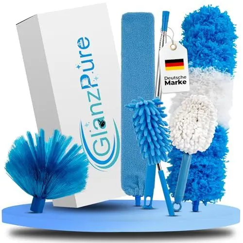 Produktbild: GlanzPure Teleskop Staubwedel Set 6tlg - Ausziehbar bis 2,5m, Waschbar, Kratzfrei, Mikrofaser, Blau-weiß
