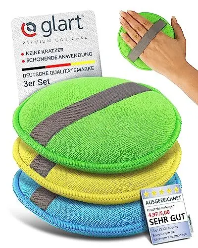 Produktbild: ✅ Glart 43PP Mikrofaser Auto Handpolierschwamm 3er Set, 130x25 mm, Wax Applikator Pad für Wachse, Polituren, Lackreiniger, Autopolitur, Lackversiegelung, statt Poliermaschine mit Polierschwamm