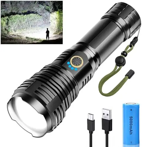 Produktbild: Glarylight Taschenlampe LED Aufladbar 500000 Lumen, LED Taschenlampe Extrem Hell XHP70.2 Taschenlampen Akku USB, Starke Taschenlampe IPX7 Wasserdicht, Zoombar Flashlight für Outdoor NotfäLle