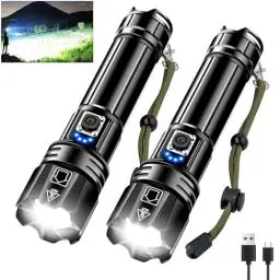 Produktbild: Glarylight Taschenlampe LED Aufladbar 500000 Lumen, LED Taschenlampe Extrem Hell XHP70.2 mit 5 Modi & Zoomable & IPX7 wasserdicht, Taktische Taschenlampen für Camping, Wandern, Notfälle (2 Pack)