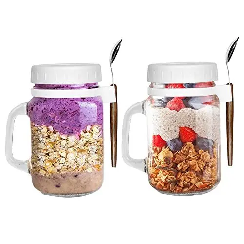 Produktbild: Glas Müslibecher to go mit Löffel, 2/4 Stück 500ml Wiederverwendbarer Overnight Oats Gläser Müsli Becher mit Deckel Luftdicht Behälter, für Jogurt Müsli Mepal Porridge Milch Früchte (2 Stück)