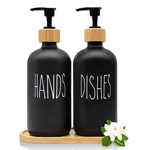Produktbild: Glas Seifenspender Set, 500ml Badezimmer Schwarz Matt Handseifenspender Set mit Holz Tablett für Küche Spülmittel, Nachfüllbare Pumpspender für Küche Bad Arbeitsplatte