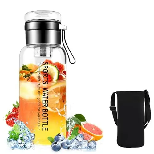 Produktbild: Glasflasche - 1 liter/750ml/1,5 liter - Wasserflasche mit Strohhalm und deckel,Trinkflasche Glas mit Neoprenhülle und Edelstahl-Sieb,Glastrinkflasche für Sport, Büro, Schule & Outdoor (1000ml)