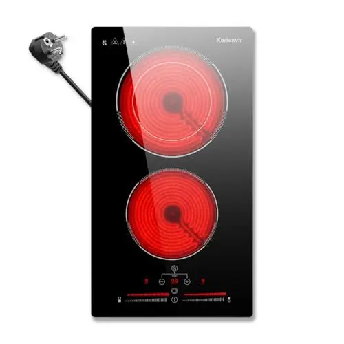 Produktbild: Karienvir Glaskeramikkochfeld 2 Platten, Kochfelder Einbau mit Stecker, Schieberegler, Sicherheitssperre, 1-99Min Timer, erweiterte Zone, für Alle Töpfe, 30cm 3200W, 220-240V
