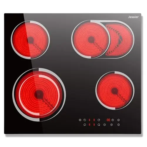 Produktbild: Glaskeramikkochfeld 4 Platten Einbau 6700W, Jessier Herdplatte 4 Kochfelder mit Doppelring Ovaler Grillfläche, Kochfeld Autark 60 cm, 9 Leistungsstufen, Pausenfunktion, Timer, Anti-Touch-Funktion