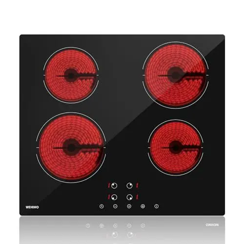 Produktbild: Glaskeramikkochfeld, WEHIMO Glaskeramikkochfeld 4 platten, 59cm, 6000W, 4 Kochzonen (1800W*2+1200W*2), 9 Heizstufen, Berührungssteuerung, Kindersicherung, 1-99min Timer, Geeignet für Alle Töpfe